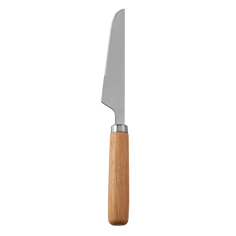 Set de tacâmuri cu mâner din lemn de cauciuc, cuțit, furculiță și lingură, din oțel inoxidabil 304, stil occidental