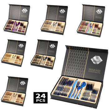 Set de tacâmuri occidentale din oțel inoxidabil 1010 cu placare titan, 24 piese: cuțite pentru friptură, furculițe, linguri și lingurițe de cafea, într-o cutie cadou.