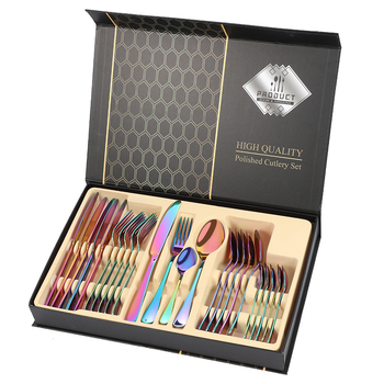Set de tacâmuri occidentale din oțel inoxidabil 1010 cu placare titan, 24 piese: cuțite pentru friptură, furculițe, linguri și lingurițe de cafea, într-o cutie cadou.