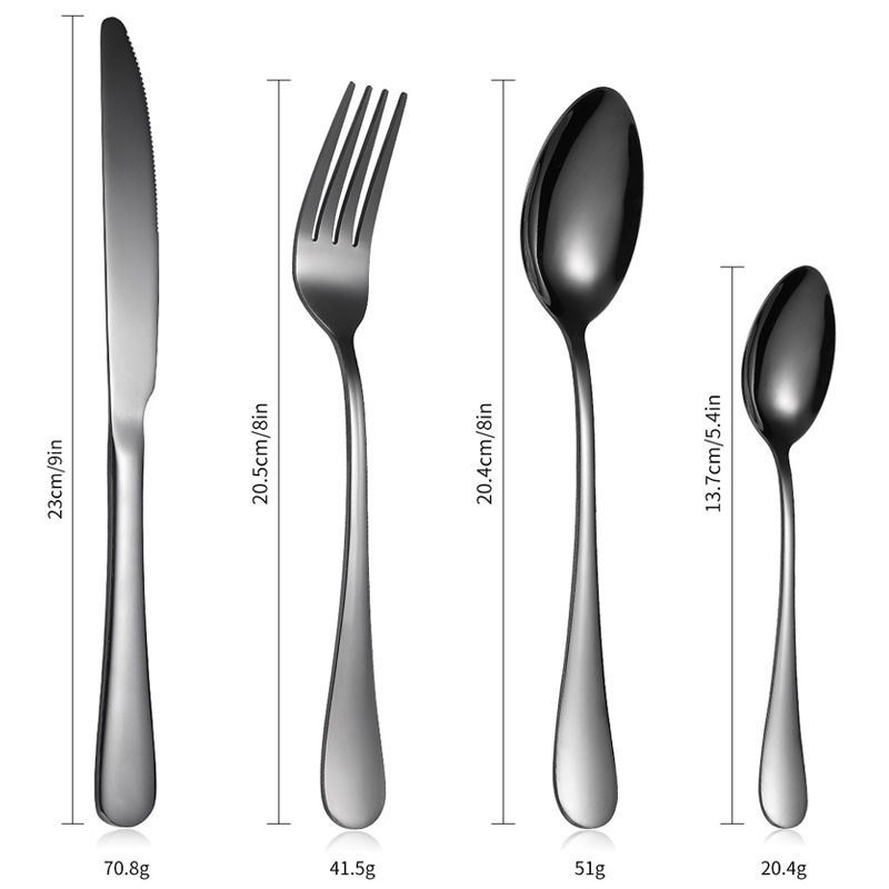 Set de tacâmuri occidentale din oțel inoxidabil 1010 cu placare titan, 24 piese: cuțite pentru friptură, furculițe, linguri și lingurițe de cafea, într-o cutie cadou.