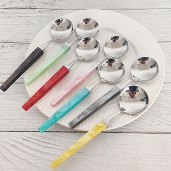 Set tacâmuri din oțel inoxidabil 304, cu mânere pătrate din acril perlat, cuțit, furculiță și lingură, design cub de zahăr, tacâmuri pentru masă de tip occidental