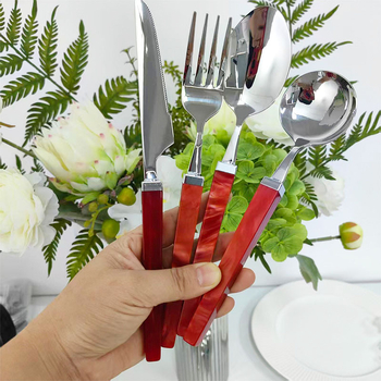 Set tacâmuri din oțel inoxidabil 304, cu mânere pătrate din acril perlat, cuțit, furculiță și lingură, design cub de zahăr, tacâmuri pentru masă de tip occidental