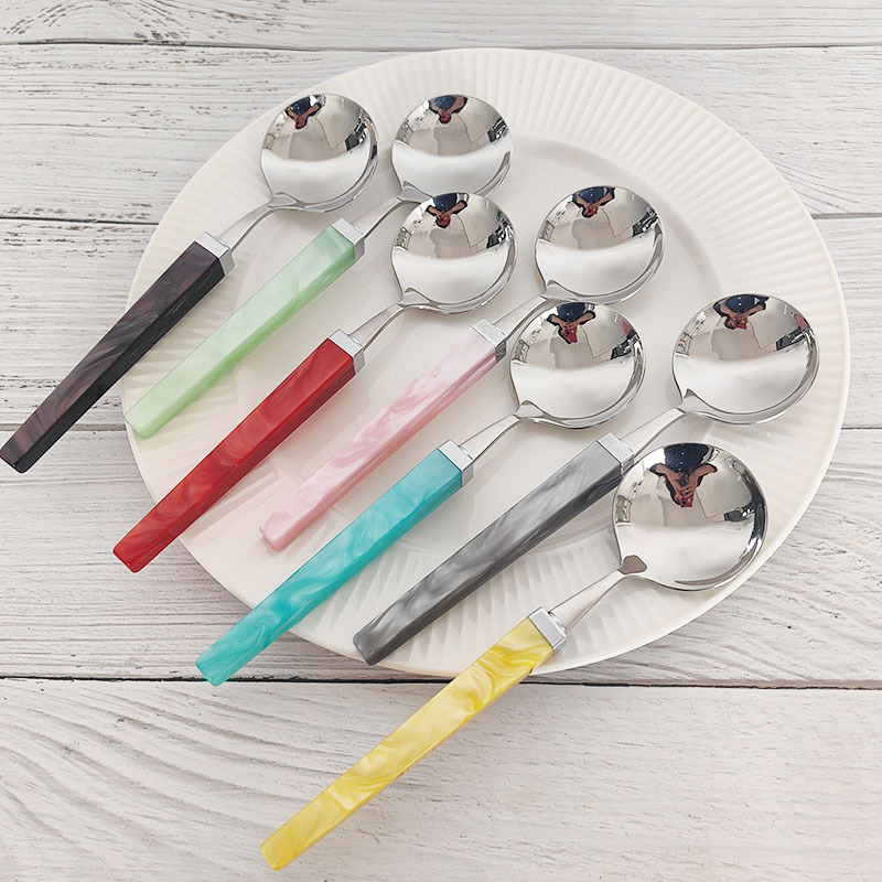 Set tacâmuri din oțel inoxidabil 304, cu mânere pătrate din acril perlat, cuțit, furculiță și lingură, design cub de zahăr, tacâmuri pentru masă de tip occidental