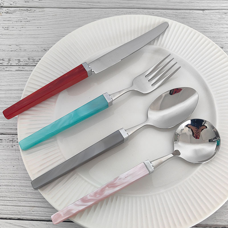 Set tacâmuri din oțel inoxidabil 304, cu mânere pătrate din acril perlat, cuțit, furculiță și lingură, design cub de zahăr, tacâmuri pentru masă de tip occidental
