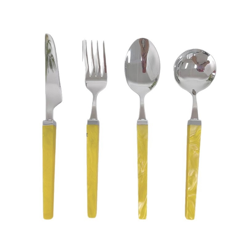 Set tacâmuri din oțel inoxidabil 304, cu mânere pătrate din acril perlat, cuțit, furculiță și lingură, design cub de zahăr, tacâmuri pentru masă de tip occidental