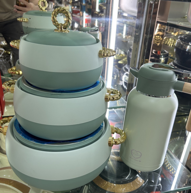 Set termički izoliranih kutija za hranu od nehrđajućeg čelika, 3 komada: 1 L, 2 L, 3,5 L, zlatna ručka, model 2408