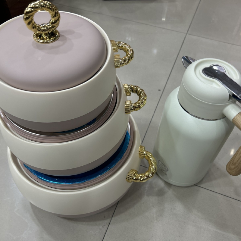 Set termički izoliranih kutija za hranu od nehrđajućeg čelika, 3 komada: 1 L, 2 L, 3,5 L, zlatna ručka, model 2408