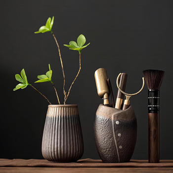 Set de accesorii pentru ceremonia ceaiului din ceramică brută, cu cei Șase Domni ai Ceaiului, Clips pentru Ceai, Cuțit pentru Ceai și Lingură pentru Ceai din Lemn de Abanos (Accesorii Kung Fu Ceai) – Piese de schimb