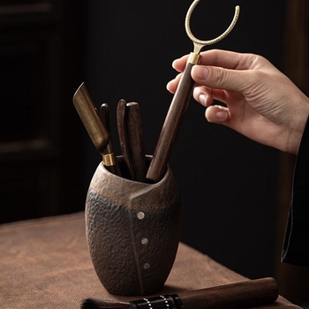 Set de accesorii pentru ceremonia ceaiului din ceramică brută, cu cei Șase Domni ai Ceaiului, Clips pentru Ceai, Cuțit pentru Ceai și Lingură pentru Ceai din Lemn de Abanos (Accesorii Kung Fu Ceai) – Piese de schimb