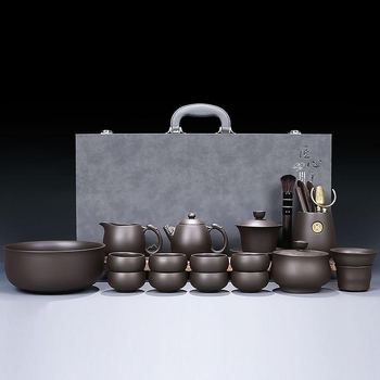 Set Gongfu de ceai din lut mov, potrivit pentru casă, sufragerie și birou — ceainic ceramic cu capac, bol cu capac și cești de ceai într-o cutie cadou