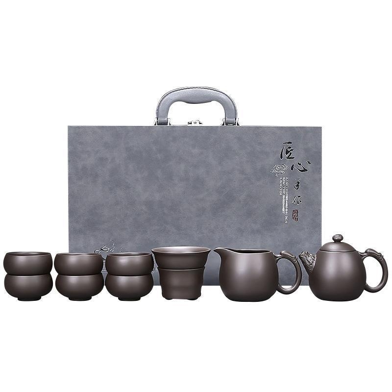 Set Gongfu de ceai din lut mov, potrivit pentru casă, sufragerie și birou — ceainic ceramic cu capac, bol cu capac și cești de ceai într-o cutie cadou