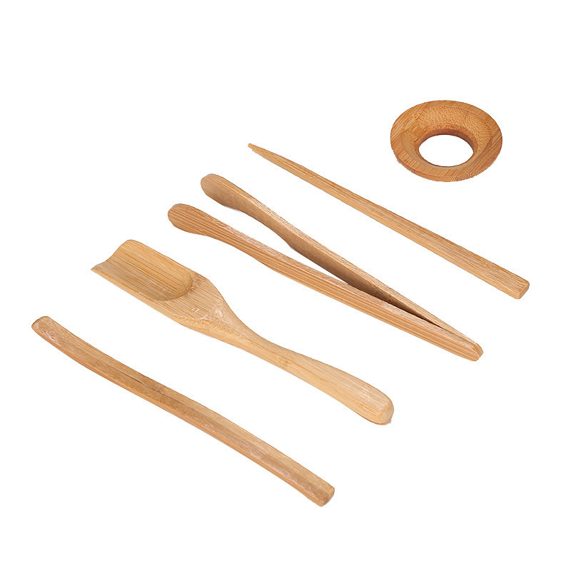 Set de accesorii pentru ceremonia ceaiului din Ebony Bamboo: cuțit de ceai, suport pentru ceașcă, ac de ceai, lingură de ceai, clești pentru ceai