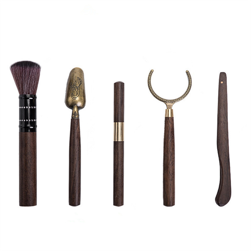 Set de accesorii pentru ceremonia ceaiului din Ebony Bamboo: cuțit de ceai, suport pentru ceașcă, ac de ceai, lingură de ceai, clești pentru ceai