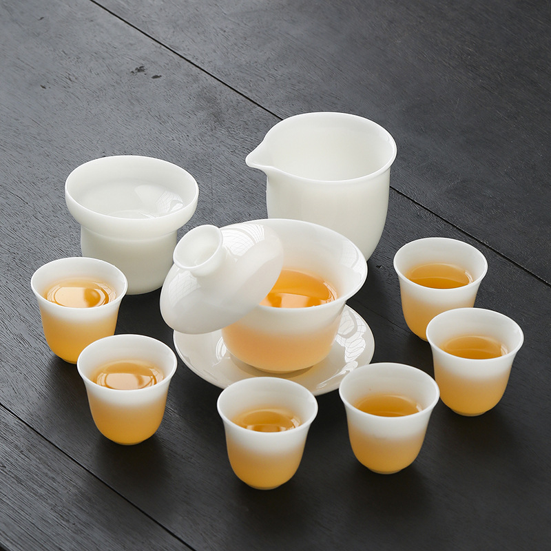 Prémium jade porcelán Gongfu teáskészlet fedeles tálcával – otthonra és irodába szánt ajándékdobozzal