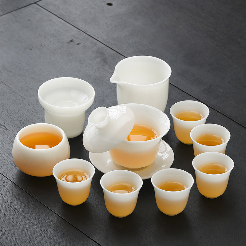 Prémium jade porcelán Gongfu teáskészlet fedeles tálcával – otthonra és irodába szánt ajándékdobozzal