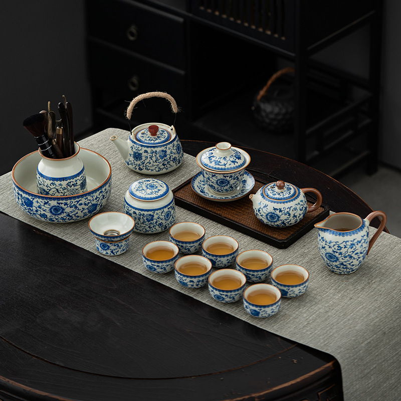 Ceainic ceramic Ru Kiln, set ceai Kung Fu, cu glazură fisurată, pentru uz casnic, cutie cadou