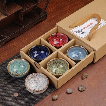 Set cadou cu 6 cești de ceai Kung Fu, ceramică, glazură Tianmu, pentru degustarea ceaiului
