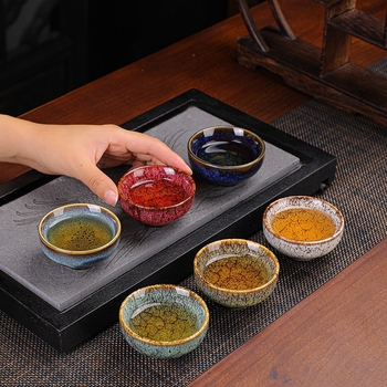 Set cadou cu 6 cești de ceai Kung Fu, ceramică, glazură Tianmu, pentru degustarea ceaiului