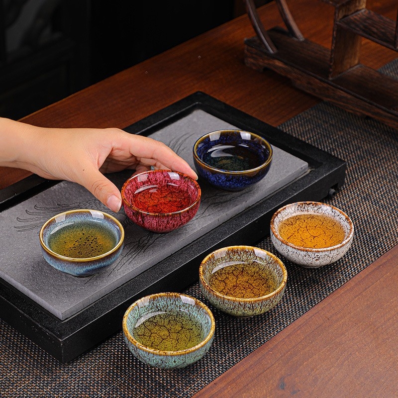 Set cadou cu 6 cești de ceai Kung Fu, ceramică, glazură Tianmu, pentru degustarea ceaiului