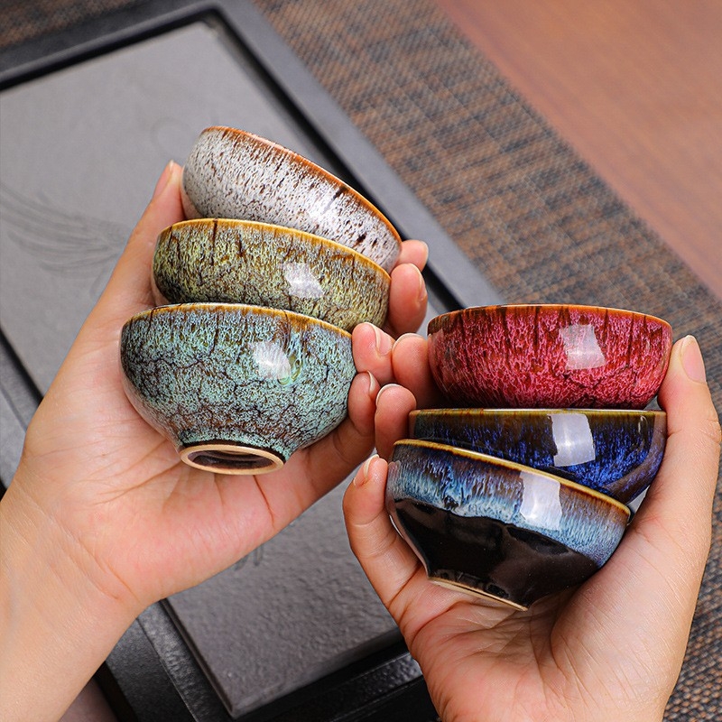 Set cadou cu 6 cești de ceai Kung Fu, ceramică, glazură Tianmu, pentru degustarea ceaiului
