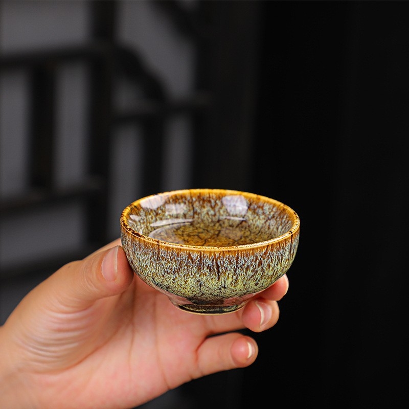 Set cadou cu 6 cești de ceai Kung Fu, ceramică, glazură Tianmu, pentru degustarea ceaiului