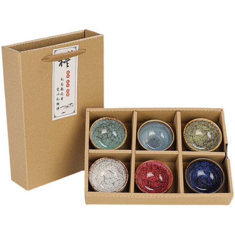 Set cadou cu 6 cești de ceai Kung Fu, ceramică, glazură Tianmu, pentru degustarea ceaiului