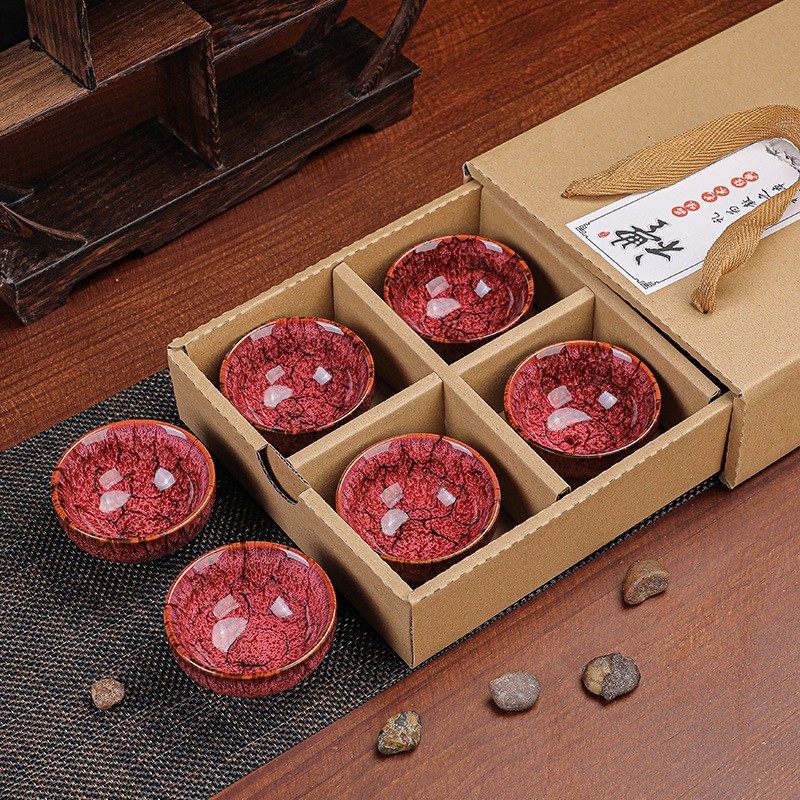 Set cadou cu 6 cești de ceai Kung Fu, ceramică, glazură Tianmu, pentru degustarea ceaiului