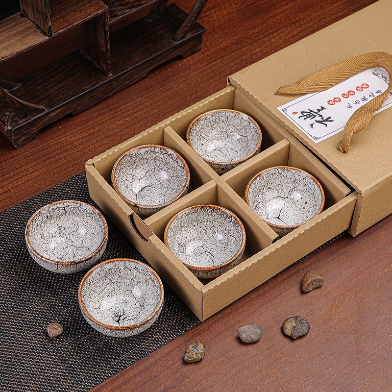 Set cadou cu 6 cești de ceai Kung Fu, ceramică, glazură Tianmu, pentru degustarea ceaiului