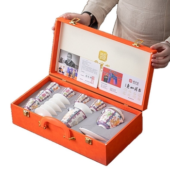 Set hexagonal de ceai cu emailare într-un stil luxos – gaiwan, ceainic și cești în cutie cadou