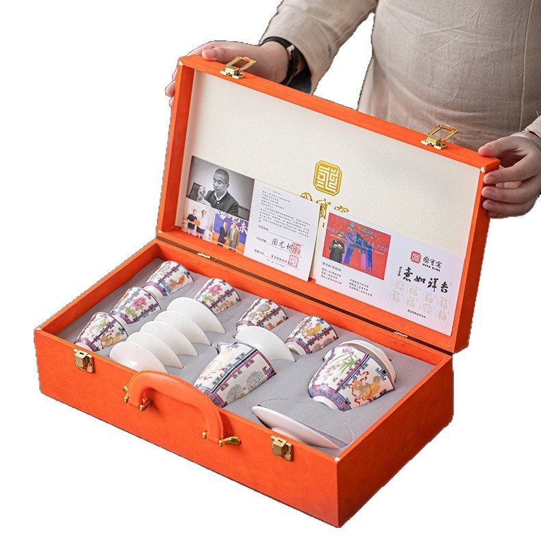 Set hexagonal de ceai cu emailare într-un stil luxos – gaiwan, ceainic și cești în cutie cadou