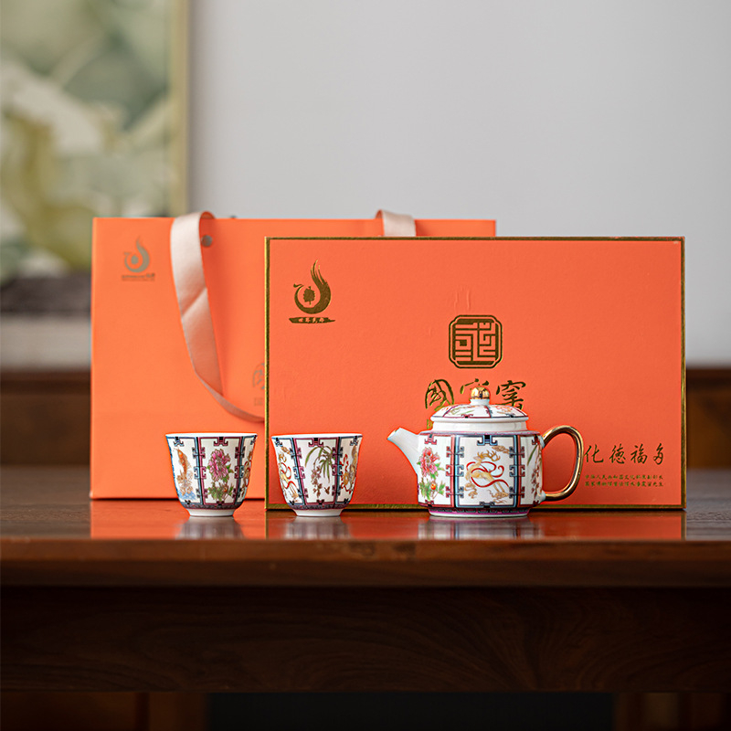 Set hexagonal de ceai cu emailare într-un stil luxos – gaiwan, ceainic și cești în cutie cadou