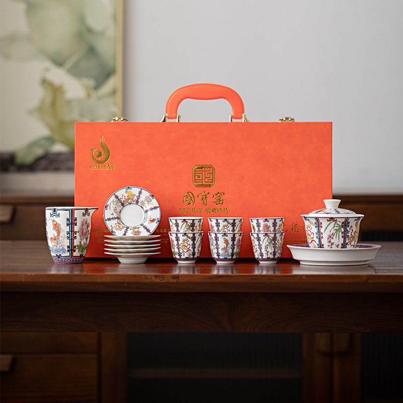 Set hexagonal de ceai cu emailare într-un stil luxos – gaiwan, ceainic și cești în cutie cadou
