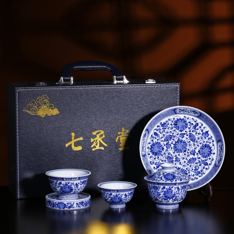 Set de ceai Kung Fu cu gaiwan, ceramică, albastru și alb, cutie cadou