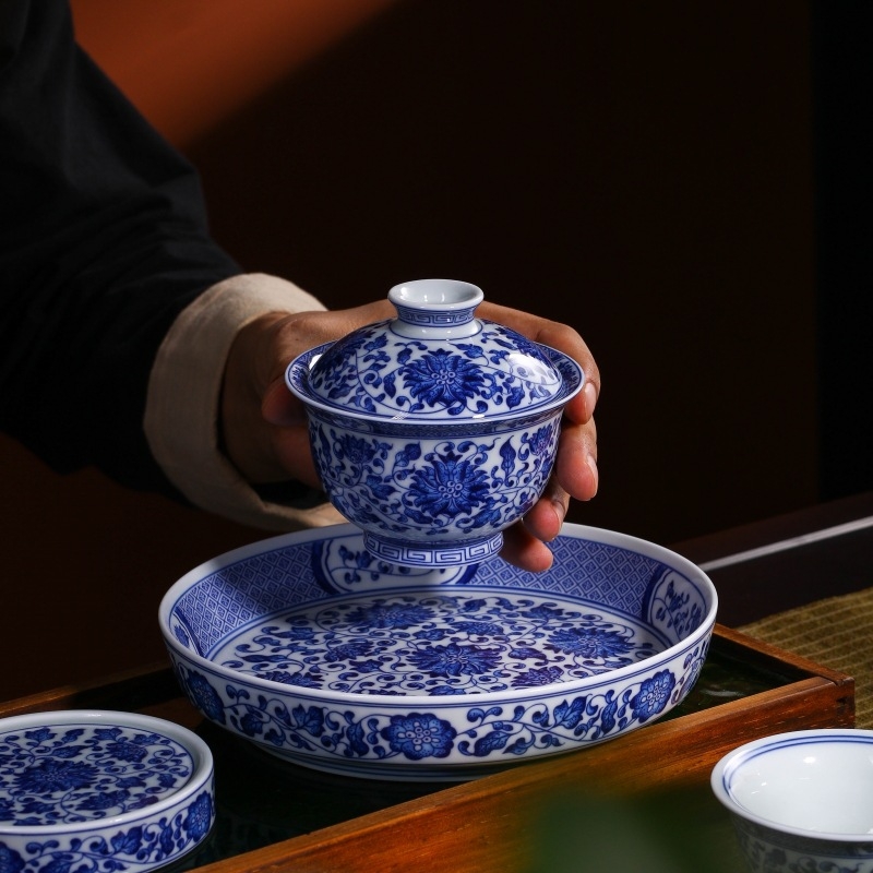 Set de ceai Kung Fu cu gaiwan, ceramică, albastru și alb, cutie cadou