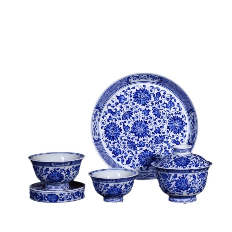 Set de ceai Kung Fu cu gaiwan, ceramică, albastru și alb, cutie cadou