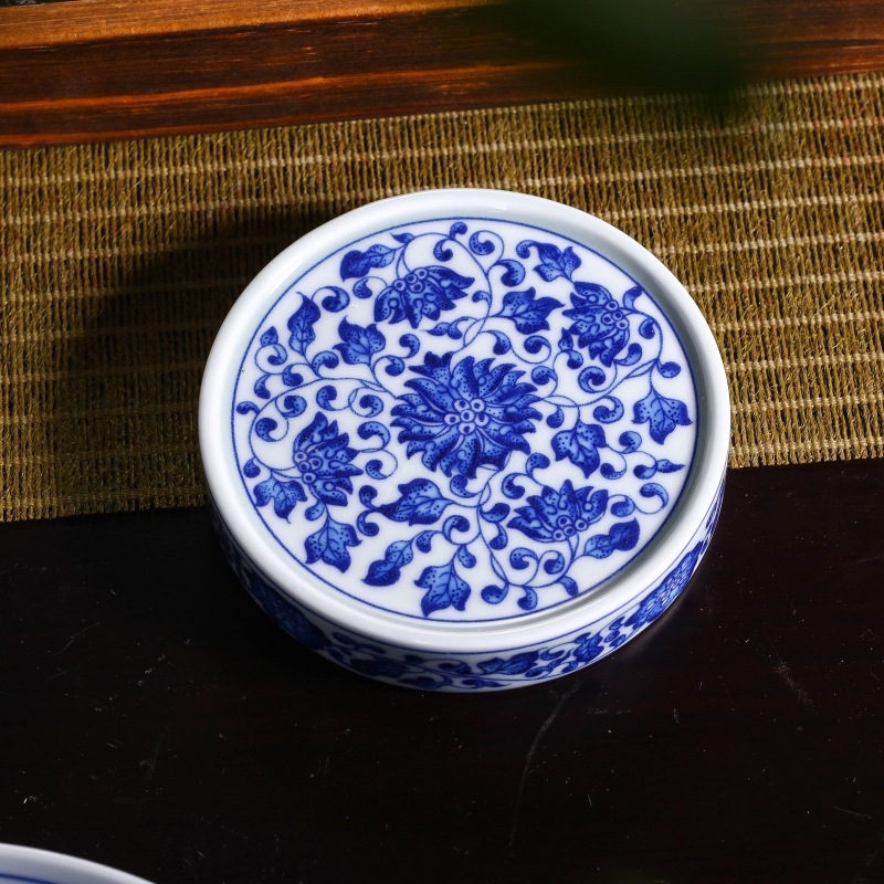 Set de ceai Kung Fu cu gaiwan, ceramică, albastru și alb, cutie cadou