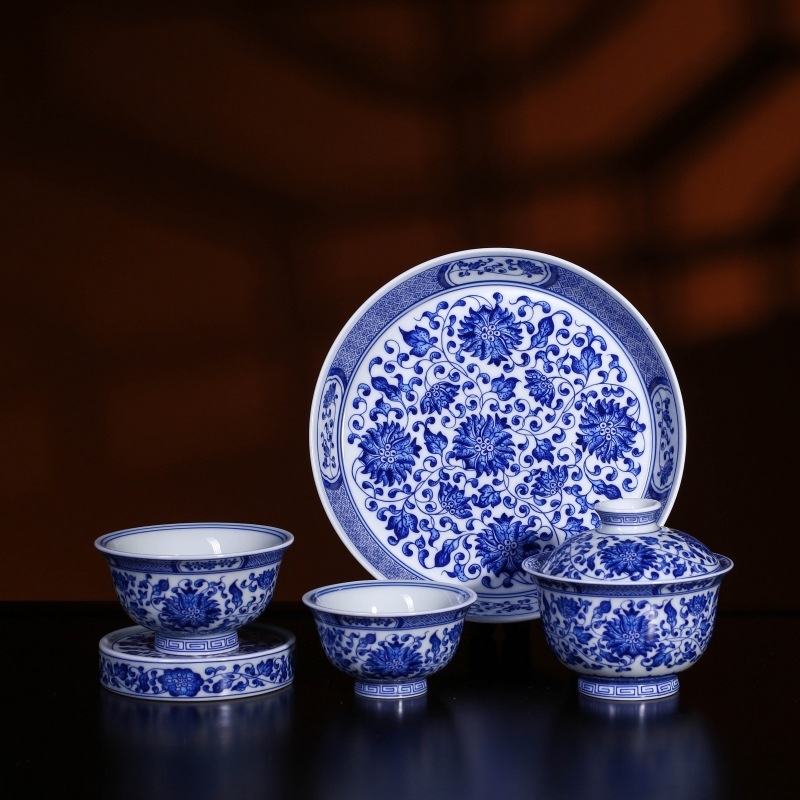 Set de ceai Kung Fu cu gaiwan, ceramică, albastru și alb, cutie cadou