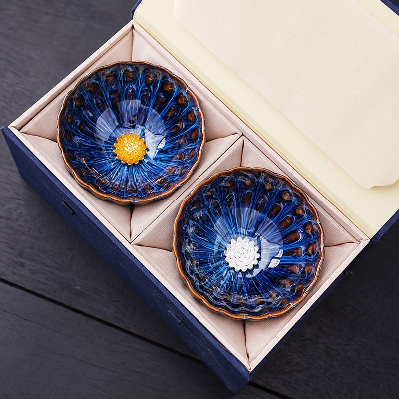 Pereche de cești de ceai cu lotus Dunhuang, ceramic Gongfu, set cadou