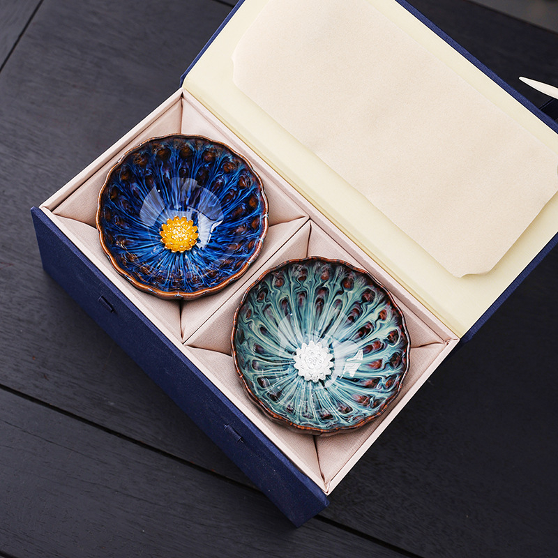 Pereche de cești de ceai cu lotus Dunhuang, ceramic Gongfu, set cadou