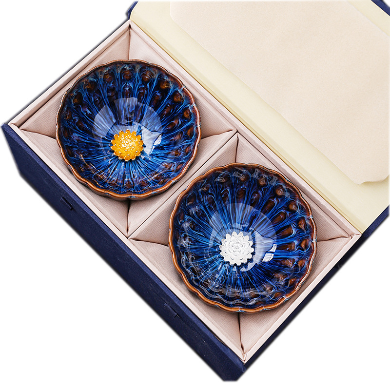 Pereche de cești de ceai cu lotus Dunhuang, ceramic Gongfu, set cadou