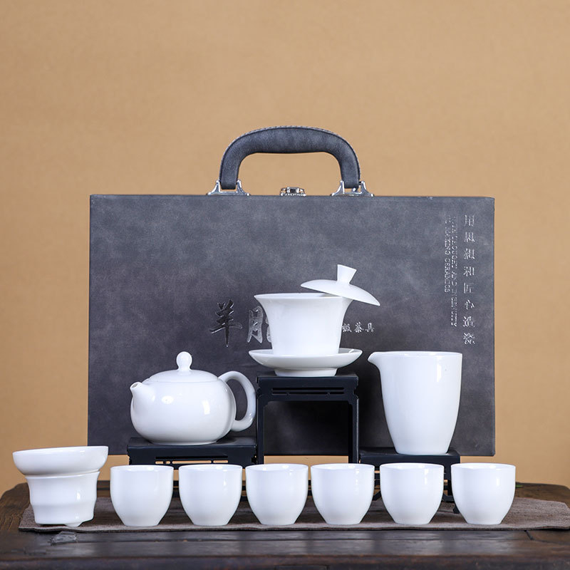 Set Gongfu de ceai din porțelan alb ca jad, cu capac suspendat și ceainic cu mâner lateral Xishi, cutie cadou, cadou de afaceri premium