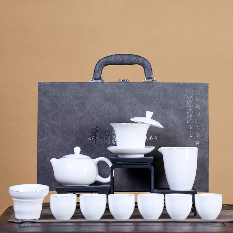 Set Gongfu de ceai din porțelan alb ca jad, cu capac suspendat și ceainic cu mâner lateral Xishi, cutie cadou, cadou de afaceri premium