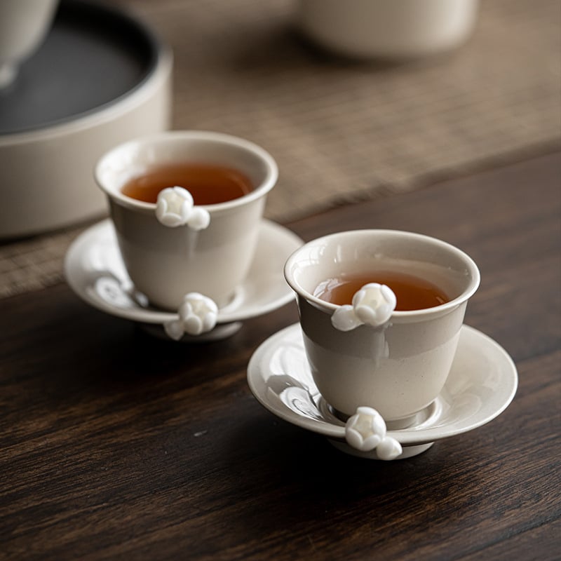 Set ceai Gongfu vintage: ceașcă de porțelan cu model floral lucrat manual, ceașcă principală și bol mic, glazură gri
