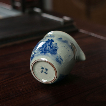 Set ceai ceramic albastru și alb, glazură crăpată, cupă de distribuție a ceaiului, divizor pentru ceai și tavă, stil peisaj, stil chinezesc