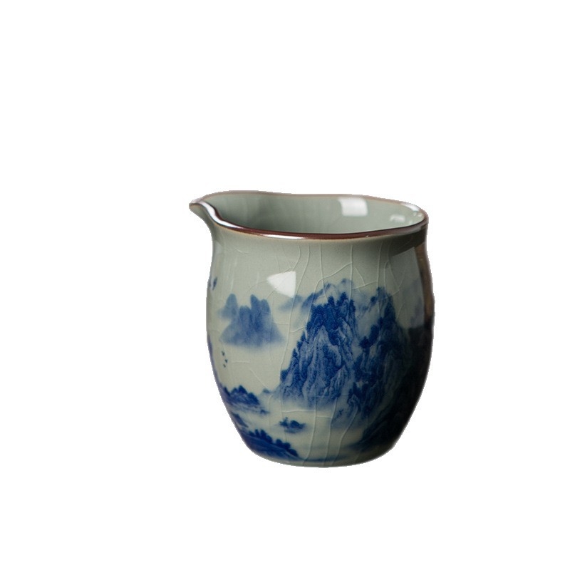Set ceai ceramic albastru și alb, glazură crăpată, cupă de distribuție a ceaiului, divizor pentru ceai și tavă, stil peisaj, stil chinezesc