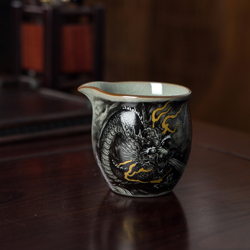 Set ceai ceramic albastru și alb, glazură crăpată, cupă de distribuție a ceaiului, divizor pentru ceai și tavă, stil peisaj, stil chinezesc