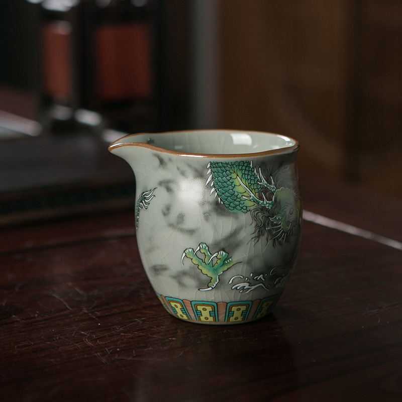 Set ceai ceramic albastru și alb, glazură crăpată, cupă de distribuție a ceaiului, divizor pentru ceai și tavă, stil peisaj, stil chinezesc