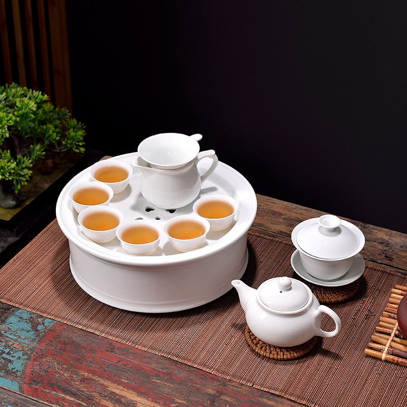 Set Chaoshan Gongfu pentru birou și casă – ceainic alb din porțelan, cești și farfurie de ceai, pentru 6 persoane