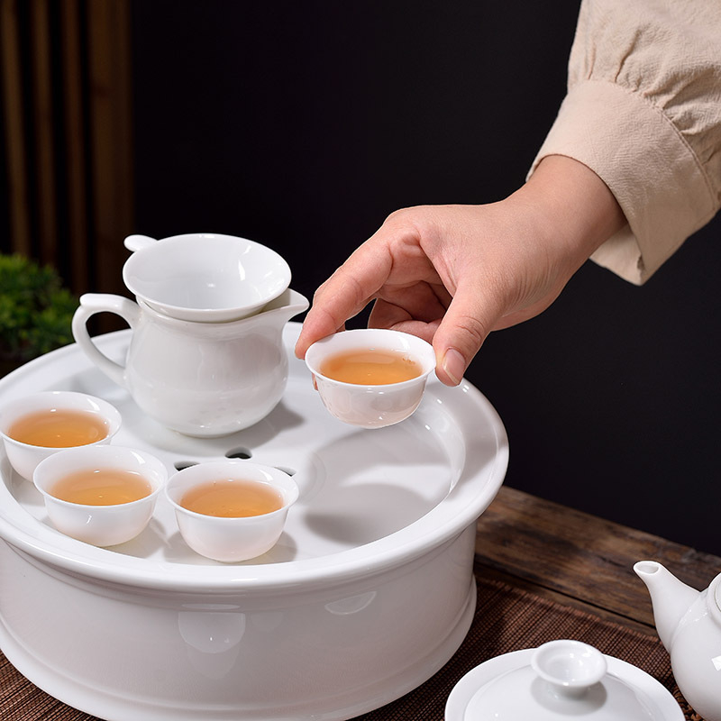 Set Chaoshan Gongfu pentru birou și casă – ceainic alb din porțelan, cești și farfurie de ceai, pentru 6 persoane
