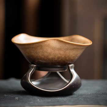 Filtru ceramic pentru ceai, cu glazură galbenă și model de frunză de lotus, filtru încorporat